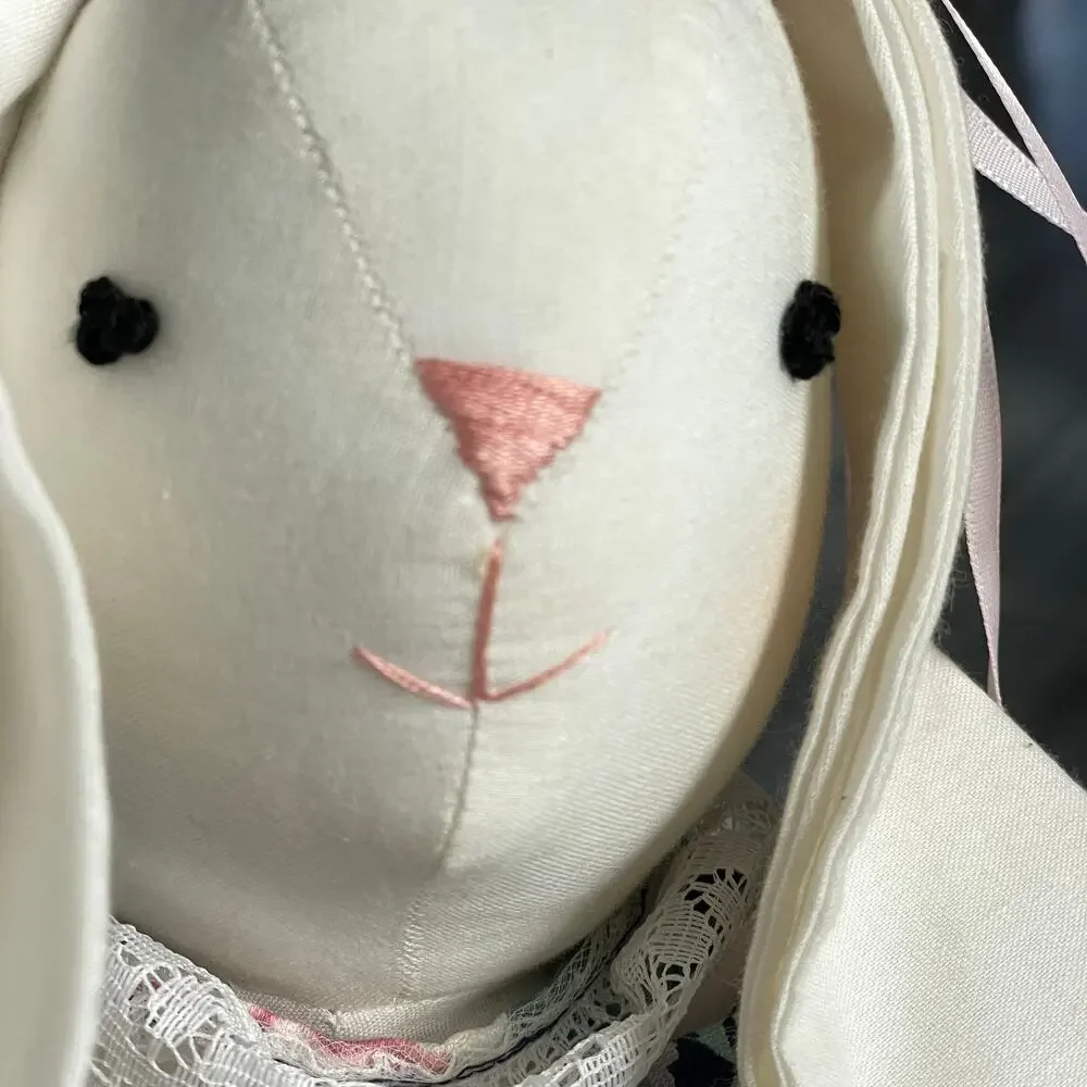 Vintage Cloth Bunny Rabbit Doll Primitive Country Calico Floral Dress 80's 90's